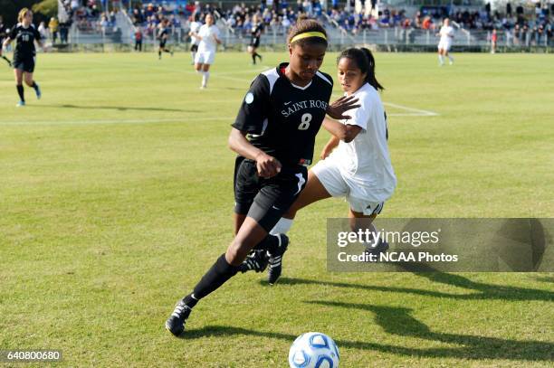 Sydney Bond of Saint Rose and Kayla Addison of GVSU battle for the ball during the Division II Women’s Soccer Championship held at the Ashton...