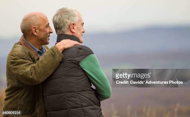 mature gay couple standing at beautiful nature overlook and happily looking into distance - gay seniors stock pictures, royalty-free photos & images
