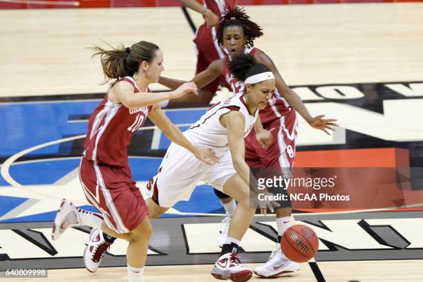 Stanford University guard Rosalyn Gold-Onwude dribbles through University of Oklahoma defenders Carlee Roethlisberger and Danielle Robinson during...
