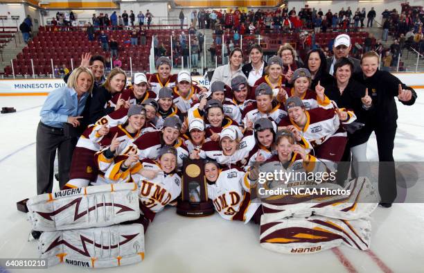 The University of Minnesota - Duluth Women's Hockey team pose for a picture after winning the Division I Women's Ice Hockey Championship held at...