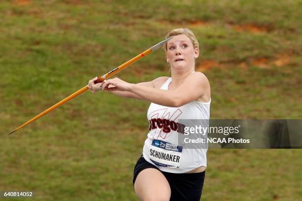 Amanda Shumaker of Western Oregon University competes in the women's javelin throw during the Division II Men's and Women's Track and Field...