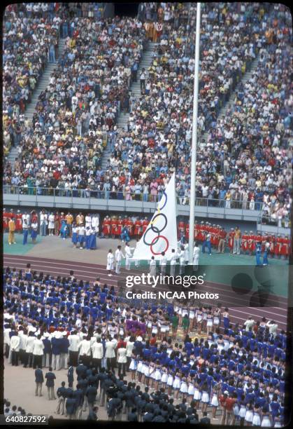 The Olympic flag is raised during the opening ceremony at the Olympic games in Montreal, Canada. Rich Clarkson/NCAA Photos via Getty Images