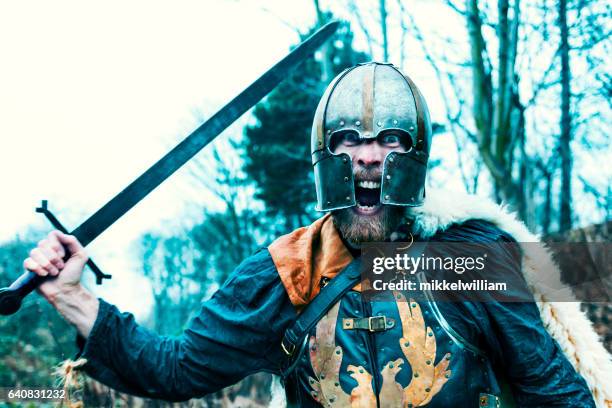 krijger met zwaard aanvallen en schreeuwt - viking warrior stockfoto's en -beelden