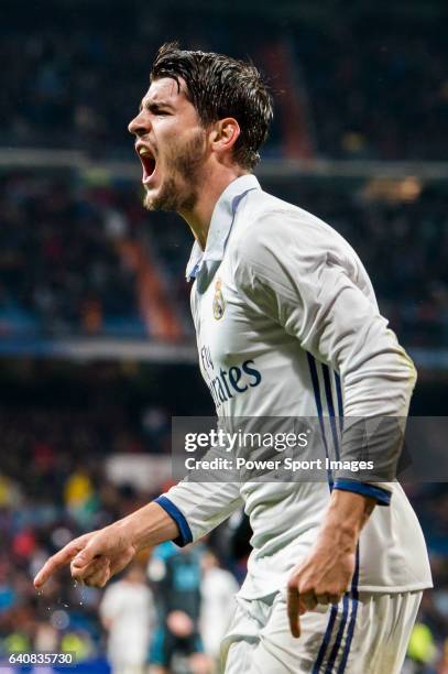 Alvaro Morata of Real Madrid celebrates during their La Liga match between Real Madrid and Real Sociedad at the Santiago Bernabeu Stadium on 29...