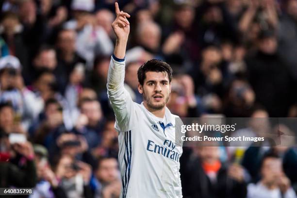 Alvaro Morata of Real Madrid reacts during their La Liga match between Real Madrid and Real Sociedad at the Santiago Bernabeu Stadium on 29 January...