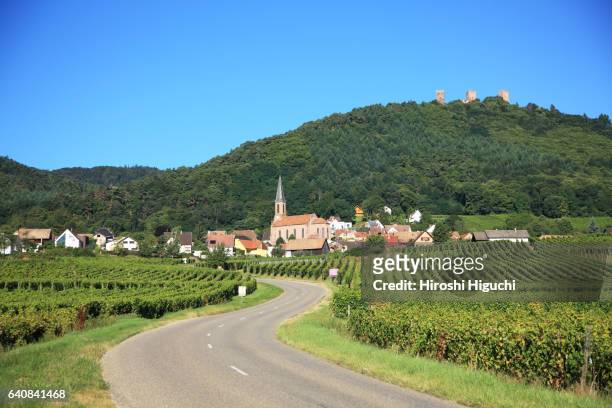 wine-grower village along wine route, husseren-les-chateaux, alsace, france - village stockfoto's en -beelden