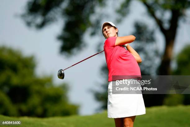 Jennifer Johnson of Arizona State University tees off during the Division I Women's Golf Championship held at the Country Club of Landfall-Dye Course...