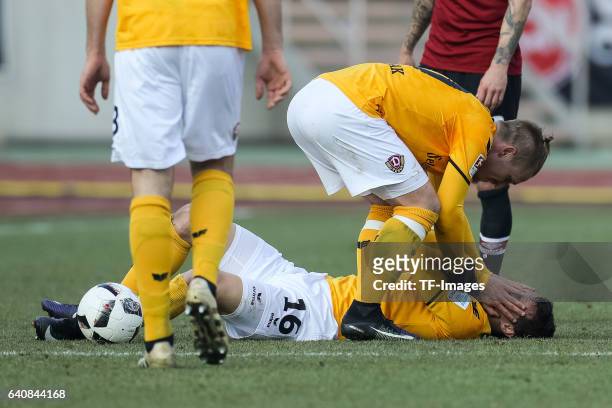 Philip Heise of Dynamo Dresden on the ground Marvin Stefaniak of Dynamo Dresden during the Second Bundesliga match between 1. FC Nuernberg and SG...