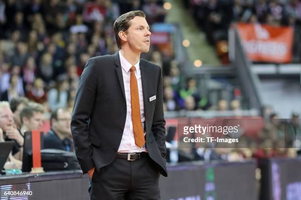 Headcoach Thorsten Leibenath of ratiopharm Ulm looks on during the Eurocup Top 16 Round 5 match between FC Bayern Muenchen and ratiopharm Ulm at Audi...