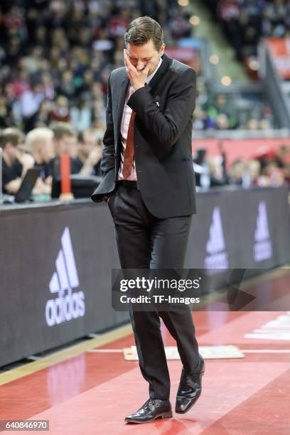 Headcoach Thorsten Leibenath of ratiopharm Ulm gestures during the Eurocup Top 16 Round 5 match between FC Bayern Muenchen and ratiopharm Ulm at Audi...