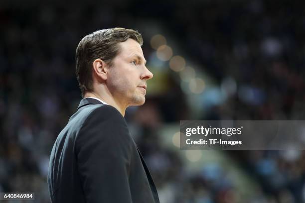 Headcoach Thorsten Leibenath of ratiopharm Ulm looks on during the Eurocup Top 16 Round 5 match between FC Bayern Muenchen and ratiopharm Ulm at Audi...