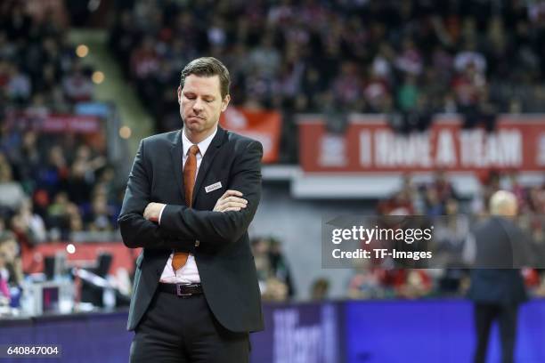 Headcoach Thorsten Leibenath of ratiopharm Ulm looks on during the Eurocup Top 16 Round 5 match between FC Bayern Muenchen and ratiopharm Ulm at Audi...