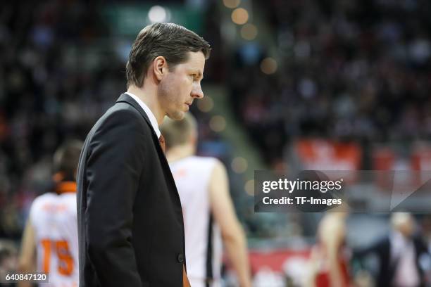 Headcoach Thorsten Leibenath of ratiopharm Ulm looks on during the Eurocup Top 16 Round 5 match between FC Bayern Muenchen and ratiopharm Ulm at Audi...