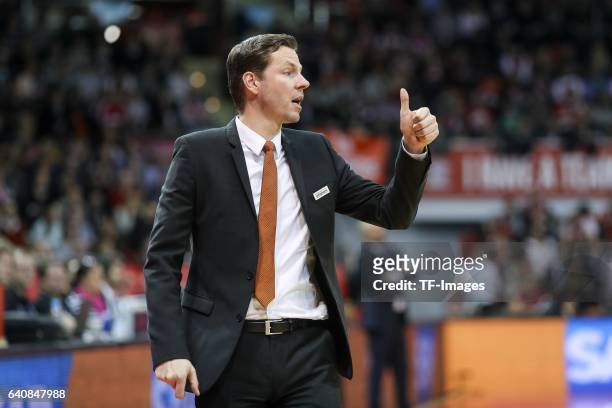 Headcoach Thorsten Leibenath of ratiopharm Ulm gestures during the Eurocup Top 16 Round 5 match between FC Bayern Muenchen and ratiopharm Ulm at Audi...