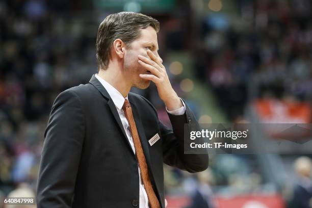 Headcoach Thorsten Leibenath of ratiopharm Ulm gestures during the Eurocup Top 16 Round 5 match between FC Bayern Muenchen and ratiopharm Ulm at Audi...