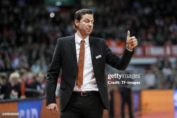 Headcoach Thorsten Leibenath of ratiopharm Ulm gestures during the Eurocup Top 16 Round 5 match between FC Bayern Muenchen and ratiopharm Ulm at Audi...