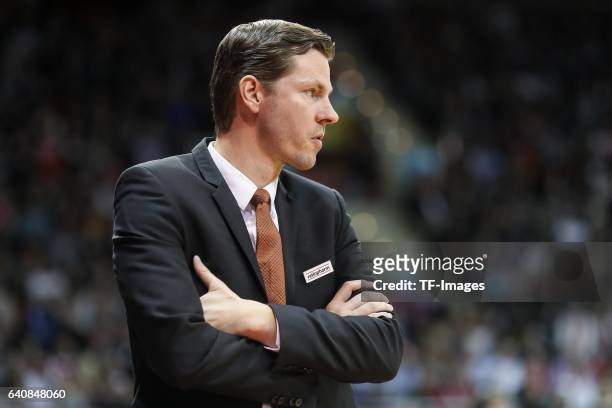 Headcoach Thorsten Leibenath of ratiopharm Ulm looks on during the Eurocup Top 16 Round 5 match between FC Bayern Muenchen and ratiopharm Ulm at Audi...