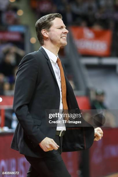 Headcoach Thorsten Leibenath of ratiopharm Ulm gestures during the Eurocup Top 16 Round 5 match between FC Bayern Muenchen and ratiopharm Ulm at Audi...