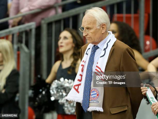 Edmund Stoiber looks on during the Eurocup Top 16 Round 5 match between FC Bayern Muenchen and ratiopharm Ulm at Audi Dome on February 1, 2017 in...