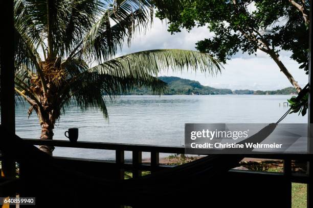 silhouette of a hammock overlooking the sea in a tropical location in indonesia - christine wehrmeier stock pictures, royalty-free photos & images