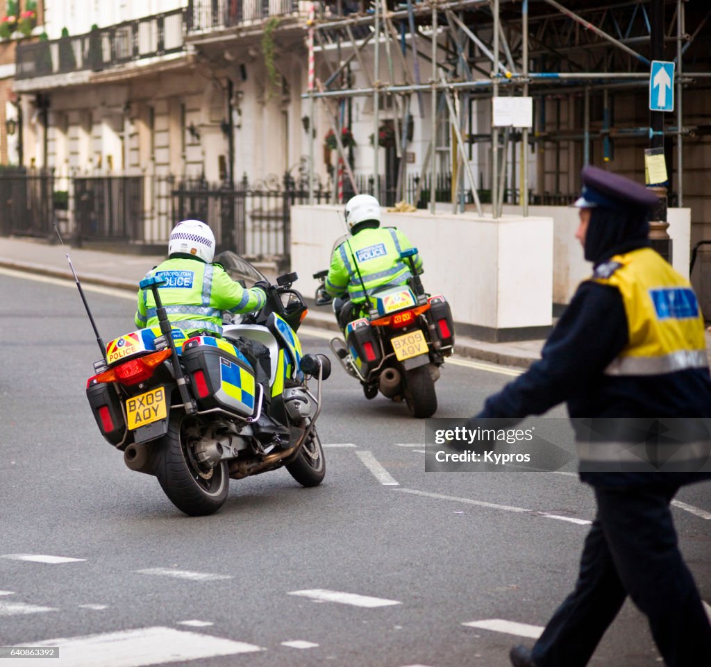 UK, Great Britain, England, London, View Of Policeman Riding Police Motorcycle