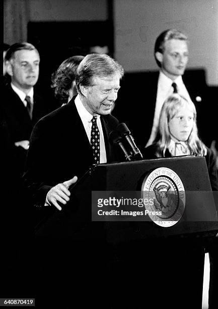 President Jimmy Carter making a speech circa 1980 in New York City.