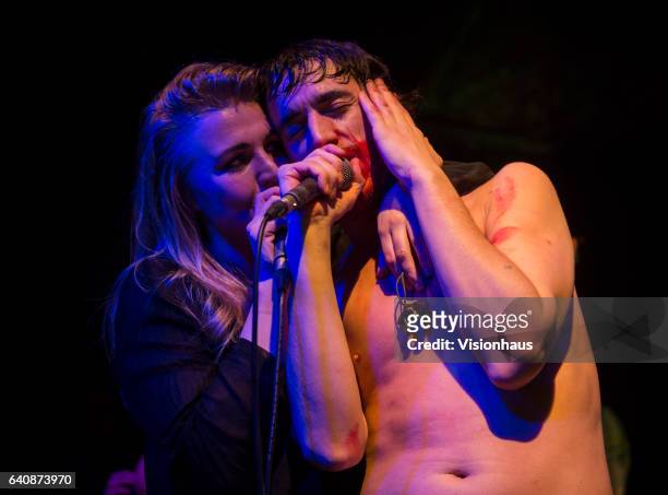 Lias Saoudi under the pseudonym Johnny Rocket and Rebecca Taylor perform with the Moonlandingz at Trades Club on January 27, 2017 in Hebden Bridge,...