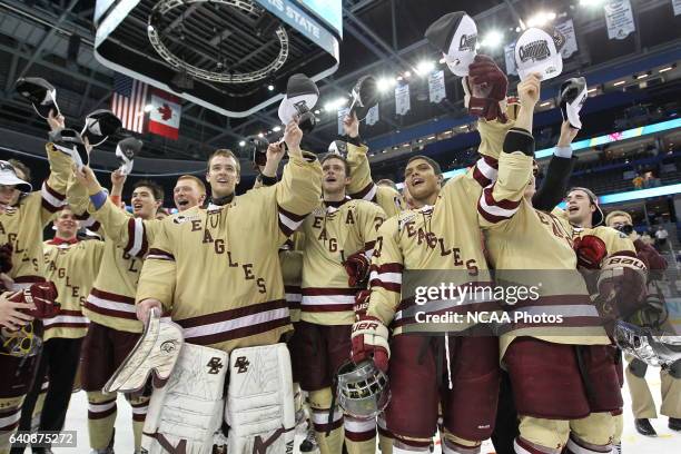 Boston College takes on Ferris State University during the Division I Men's Ice Hockey Championship held at the Tampa Bay Times Forum in Tampa, FL....