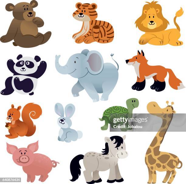 satz von niedlichen tieren - elefant stock-grafiken, -clipart, -cartoons und -symbole