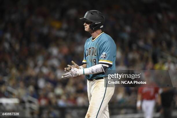 Kevin Goodall Jr of Coastal Carolina University shows his frustration after making an out against the University of Arizona during the Division I...