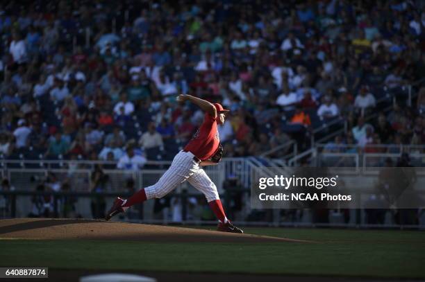 Kevin Ginkel of University of Arizona delivers a pitch against Coastal Carolina University during the Division I Men's Baseball Championship held at...