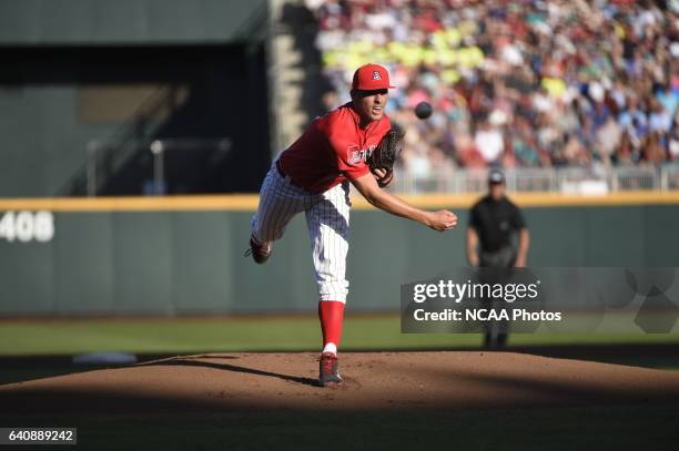 Kevin Ginkel of University of Arizona delivers a pitch against Coastal Carolina University during the Division I Men's Baseball Championship held at...