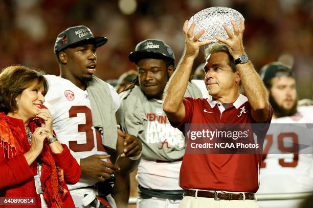 Head Coach Nick Saban of the University of Alabama celebrates the Crimson Tide victory over the University of Notre Dame during the Discover BCS...