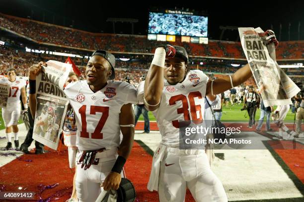 Caleb Castille and Tyler Hayes of the University of Alabama Crimson Tide celebrate their victory over the University of Notre Dame during the...