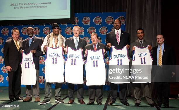 Jerry Colangelo, Chairman of the Naismith Basketball Hall of Fame board, far left, and John L. Doleva, President and CEO, far right, flank Naismith...