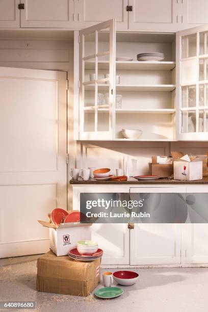 moving day in a vintage kitchen - kitchen shelves stock pictures, royalty-free photos & images