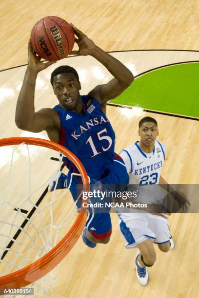 Guard Elijah Johnson from the University of Kansas dunks the ball during the Championship Game of the 2012 NCAA Photos via Getty Images Men's...