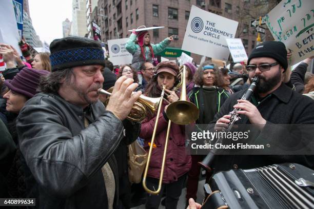 View of klezmer musicians as they perform during the Women's March on New York, New York, New York, January 21, 2017. Among those pictured are, from...