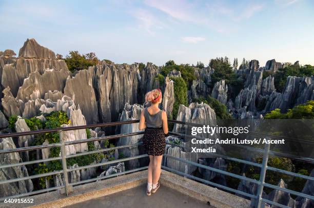 young woman enjoys view over stone forest, shilin - kunming stock pictures, royalty-free photos & images