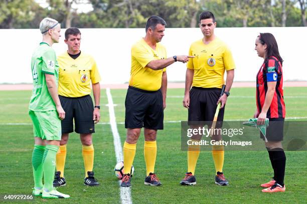 In front of referres trio Assistant Referee: João Ribeiro, Main Referee: Paulo Silva and Assistant Referee Pedro Martins; Nilla Fischer of Wolfsburg...