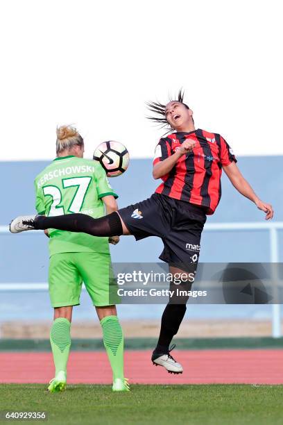 Isabel Kerschowski of Wolfsburg challenges Ana Hernandez of Sc Huelva during the Women's Friendly Match between VfL Wolfsburg Women's and SC Huelva...