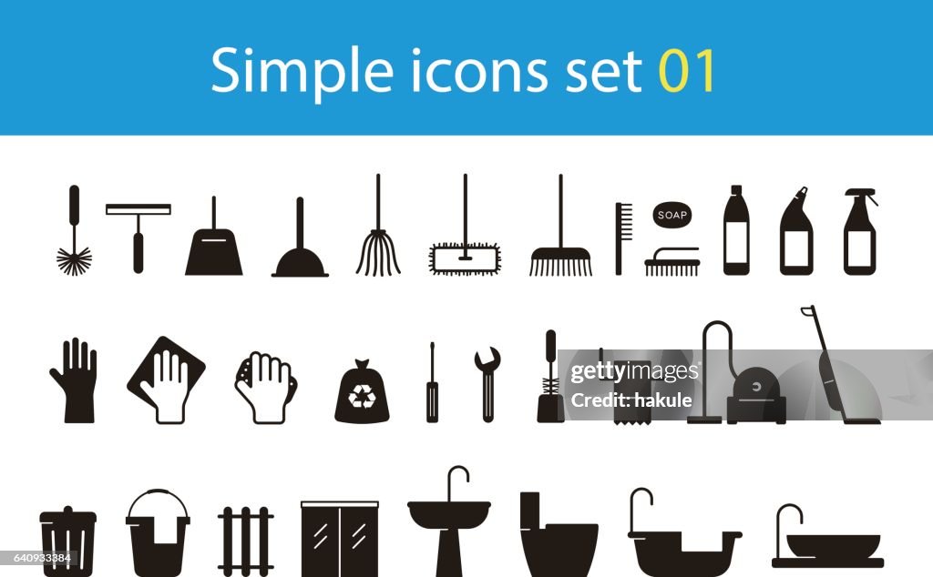 Household cleaning supplies icon set, vector illustration