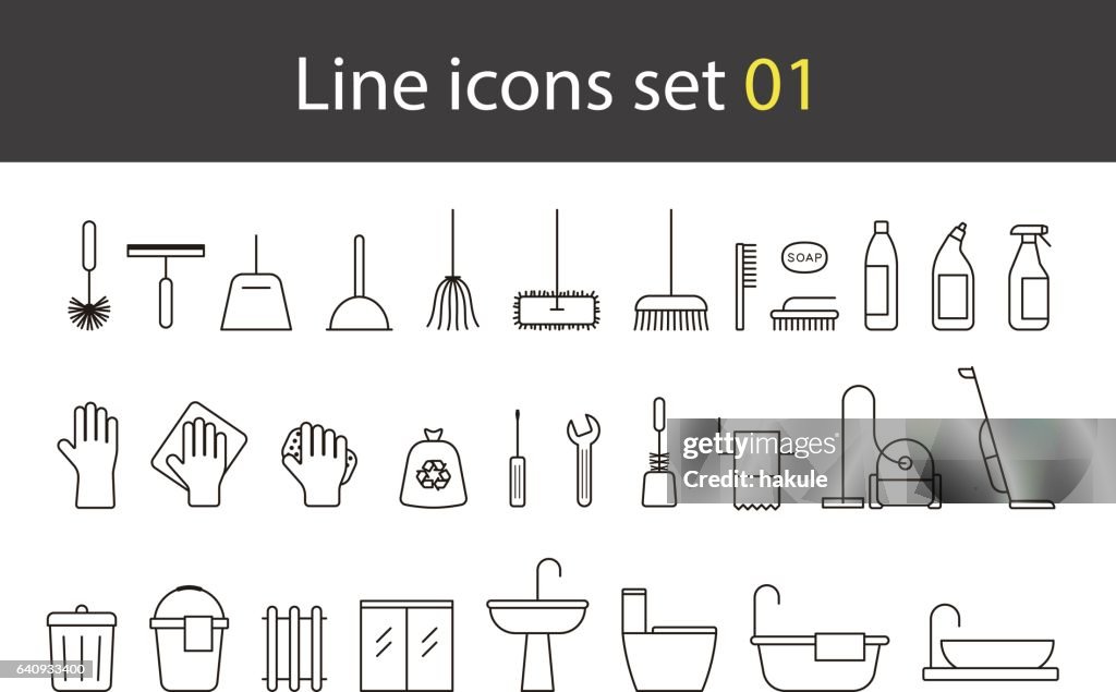 Household cleaning supplies line icon set, vector illustration