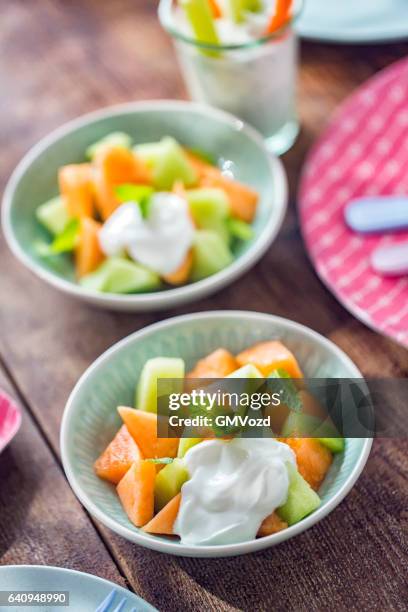 honeydew and cantaloupe melon with yogurt - cantaloupe melon stock pictures, royalty-free photos & images