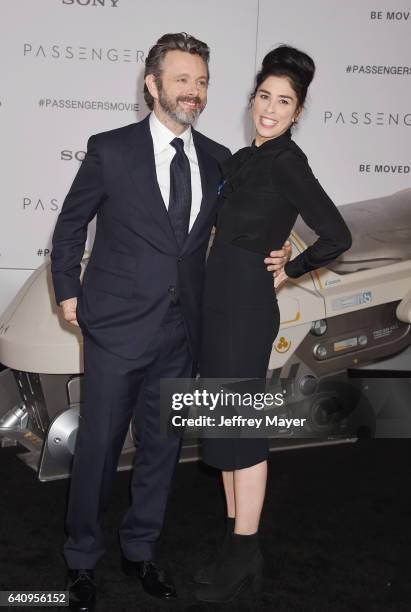 Actor Michael Sheen and actress/comedian Sarah Silverman arrive at the Premiere Of Columbia Pictures' 'Passengers' at Regency Village Theatre on...