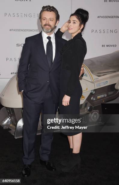 Actor Michael Sheen and actress/comedian Sarah Silverman arrive at the Premiere Of Columbia Pictures' 'Passengers' at Regency Village Theatre on...