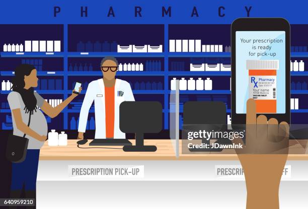 pharmacy concept with smart phone medical prescription ordering app - family with young adults diversity stock illustrations