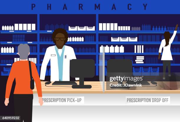 pharmacy concept with male african american pharmacist - pharmacy store interior stock illustrations