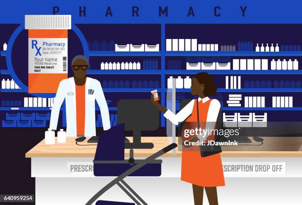 pharmacy concept with male african american pharmacist - asking mom stock illustrations