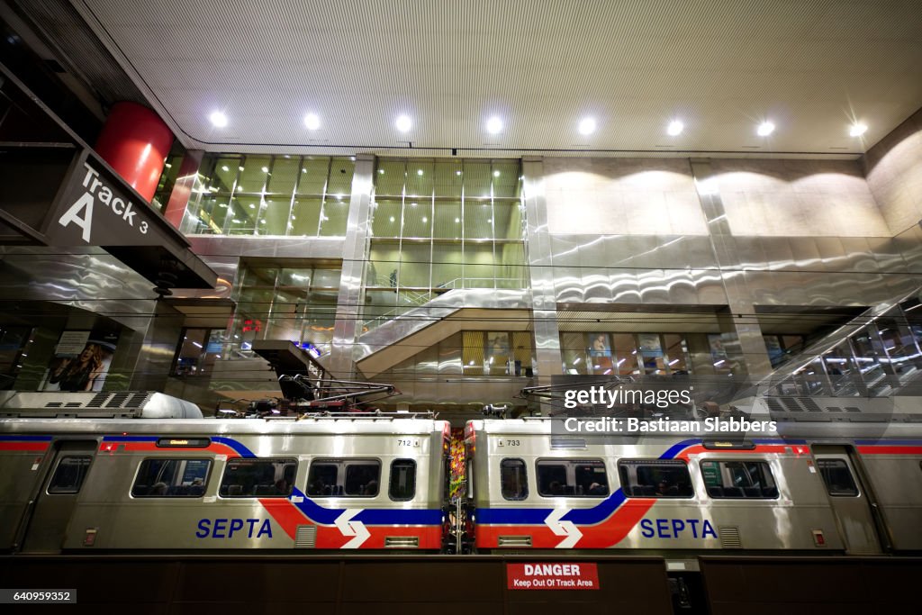 Philadelphia, PA, USA - January 25, 2017; A modern SEPTA Silverliner V commuter train arrives at Jefferson Station in Center City Philadelphia, PA.